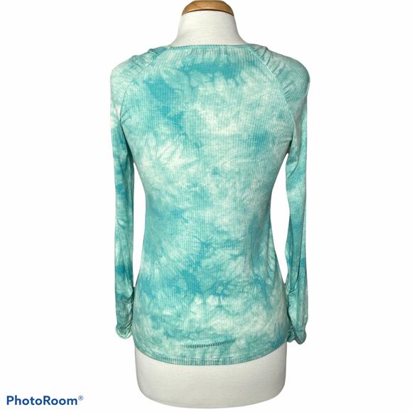 Fever Blue Green Tie Dye Long Sleeve Square Neck Ribbed Top Womens Medium New - Picture 2 of 7